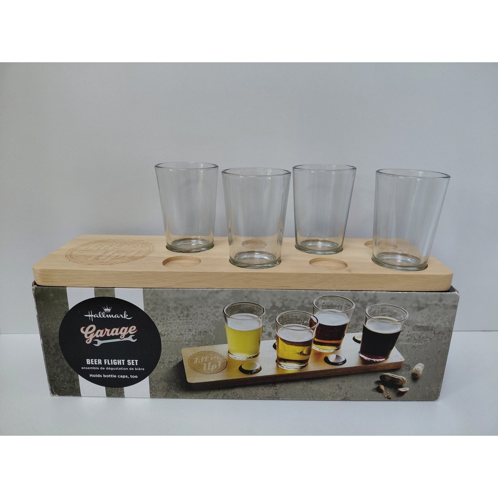 Hallmark Garage Beer Flight Set Wood Tasting Paddle 4 Glasses Fill 'er Up Gift